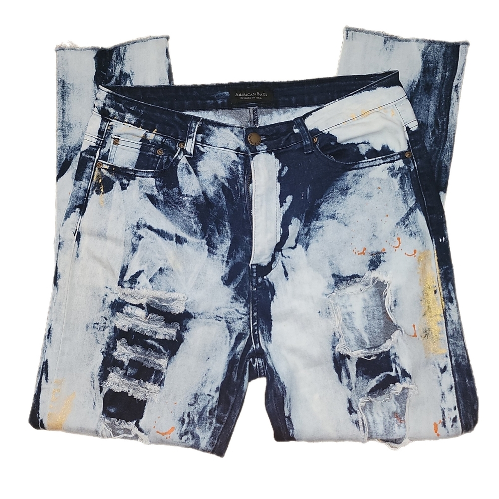AMERICAN BAZI SKINNY BLEACH PAINTED DISTRESSED JEANS SIZE L - Picture 3 of 6